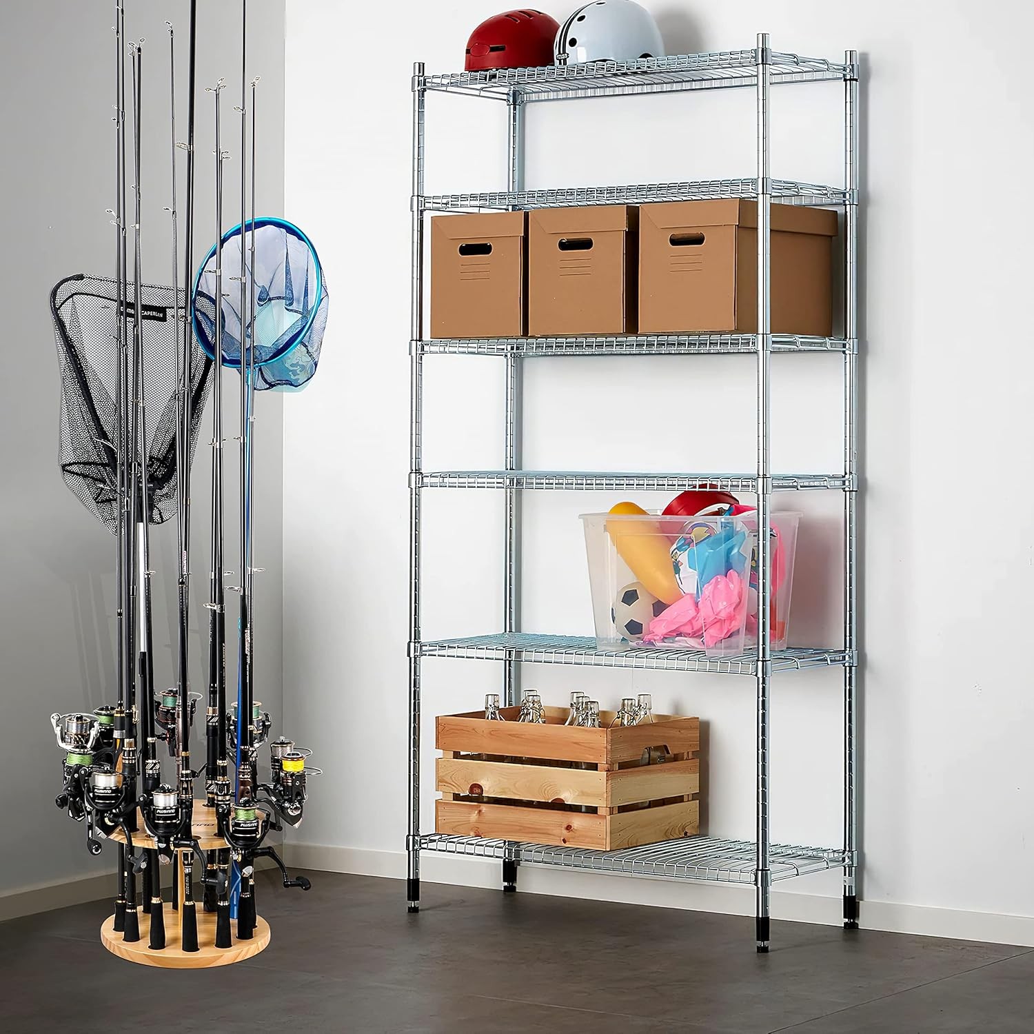 2-PK V12 Fishing Rod Holders for Garage - Wooden Round Storage Organizer Stands