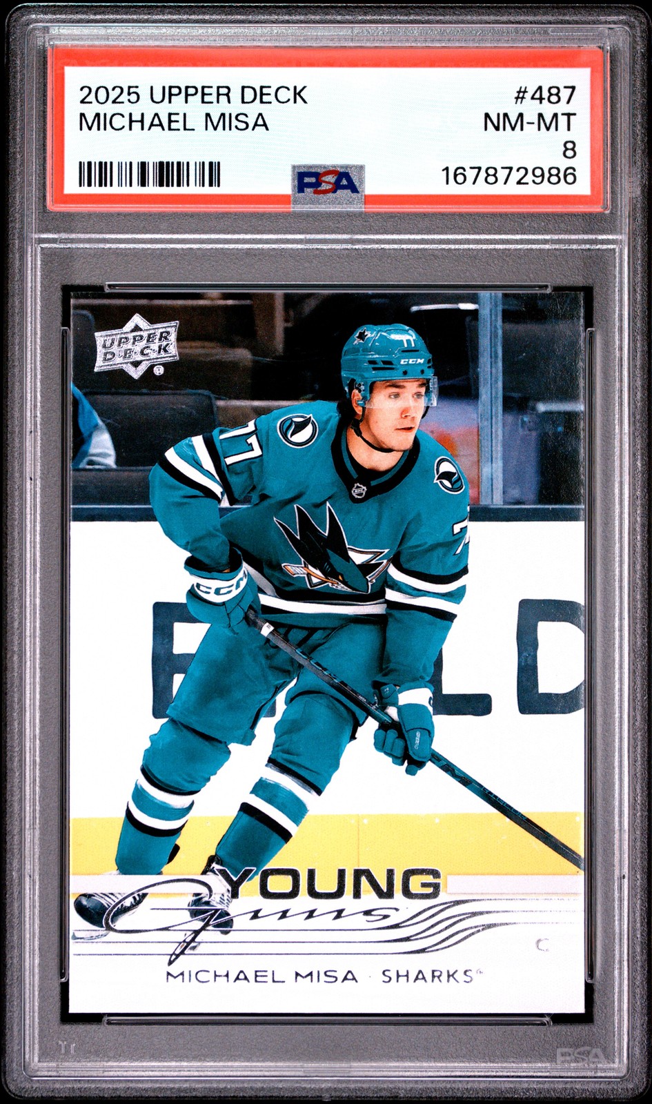 167872986 Michael Misa 2025 Upper Deck Series 2 #487 Young Guns Rookie RC PSA 8 view 1