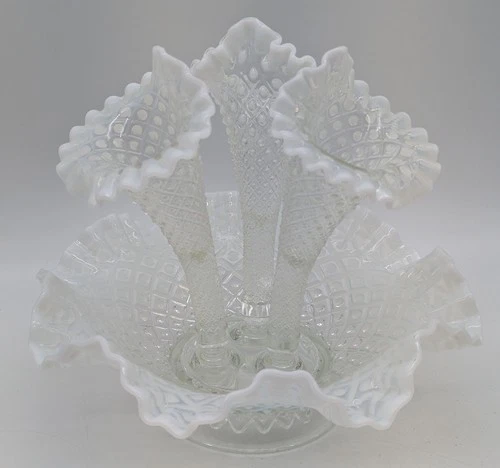 Vtg Fenton Clear White Hobnail Glass 3 Horn Epergne Ruffle - Excellent