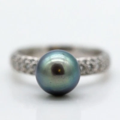 Bague 750/18K Or Blanc Diamants Environ 0.1ct H/SI1 Taille 56 Perle De Tahiti - Photo 1/3