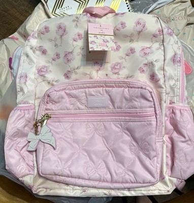 LoveShackFancy x yoobi Pink Floral Quilted Girls Backpack Bow Zip Pockets