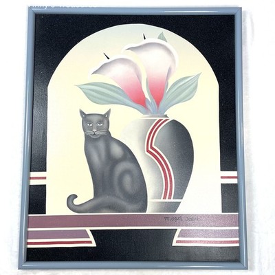 VTG 80s Michael Fishel Black Cat Calla Lily Art Deco Style Frame Painting Signed