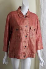Chico's Sz 2 L Chic Coated Linen Saffron Red Orange 3/4 Jacket Blazer Metallic
