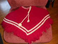 Vintage Handmade Knitted Poncho Shawl Red/White Fringe Crochet 70s Youth Or S