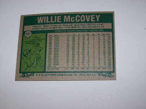 1977 Topps baseball Willie McCovey card #547 EX - Picture 2 of 2