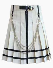 Women's Handmade Scottish Modern White Gothic Kilt with Black Straps Personalize
