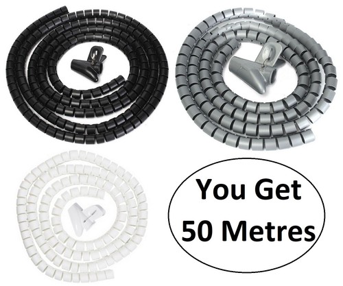50m Flexible Spiral Cable Cord Power Wire Storage Management Organizer Wrap Clip - Picture 4 of 15