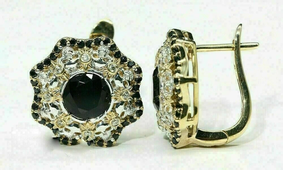 2.20CT Round Lab Created Black Diamond Halo Hoop Earrings 14K Yellow Gold Finish - Image 4 of 4