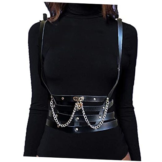Punk Belly waist body chain black leather goth belt harness for women with strap Gothic Leather Waist Belt Body Chain Adjustable Waist Strap  main image 3
