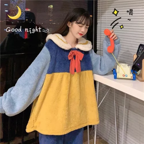 Women Winter Two-Piece Set princess Sweet Bow-Knot Ruffled Loose Plush Pajamas H - Picture 7 of 17