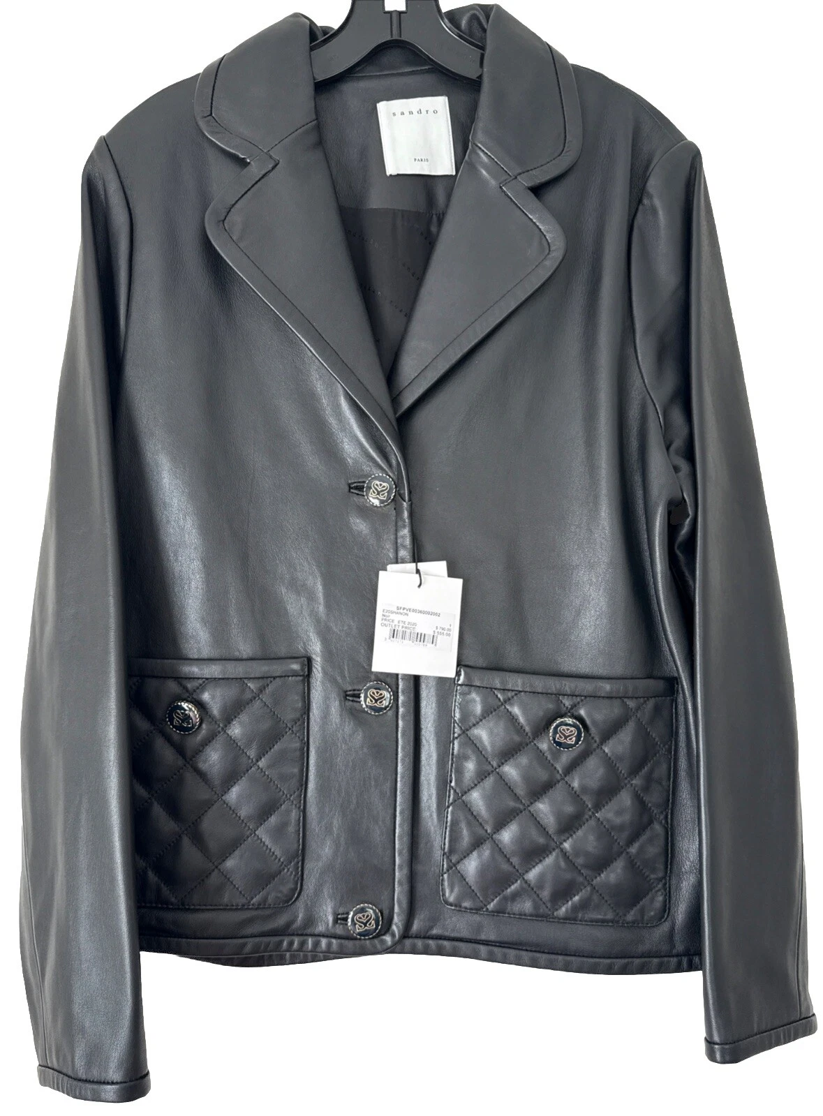 New SANDRO Paris Noir Black Lamb Leather Jacket Quilted Pockets Size 1 6-8 NWT