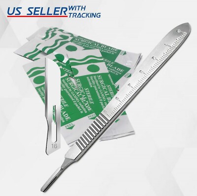 20Pcs Sterile Surgical Blades #16 + Stainless Steel Graduated Scalpel Handle #3
