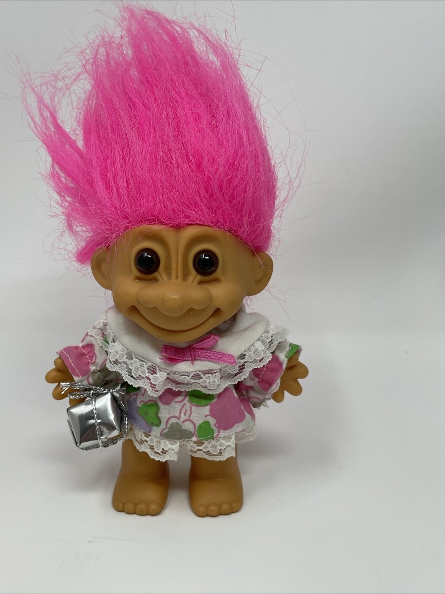 Russ Troll Doll Happy Birthday 4.5 Pink Hair W/ Sliver Present