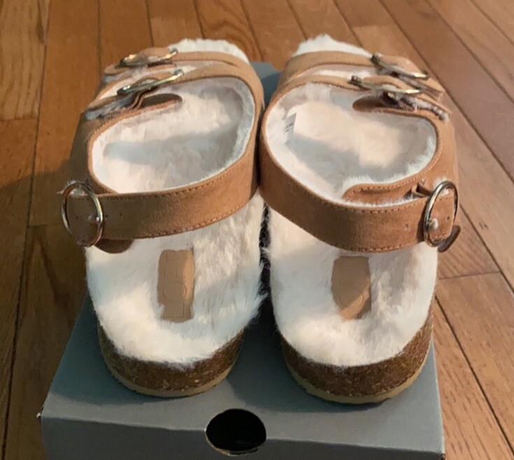 PANTOFOLA D’ORO Sandali donna loft sherpa foderati fibbia taglia 10 in miele zenzero comodi lounge