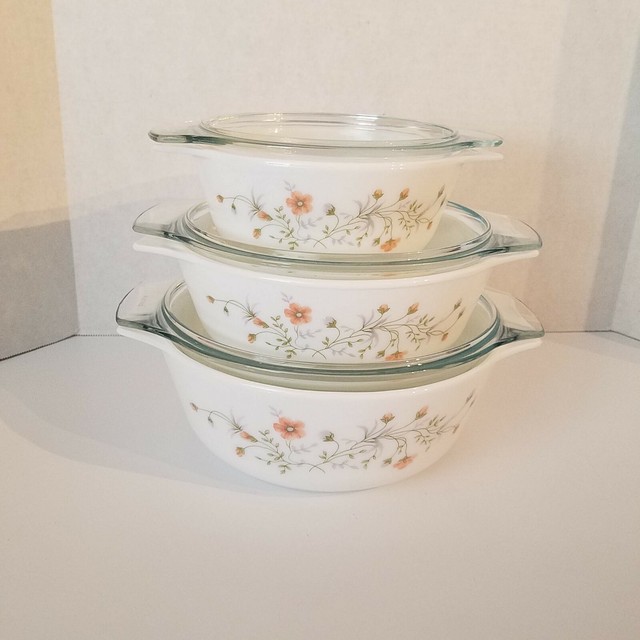 3 Pyrex, England Casserole Dish Bowl Glass Floral Flower Emily Spring