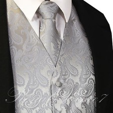 20-D SILVER XS - 6XL Paisley Tuxedo Suit Dress Vest Waistcoat  Neck tie Wedding
