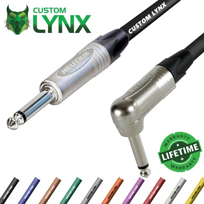Custom Lynx Neutrik Right Angled Guitar Cable. Jack Patch Lead. PRO 6.35mm 1/4"
