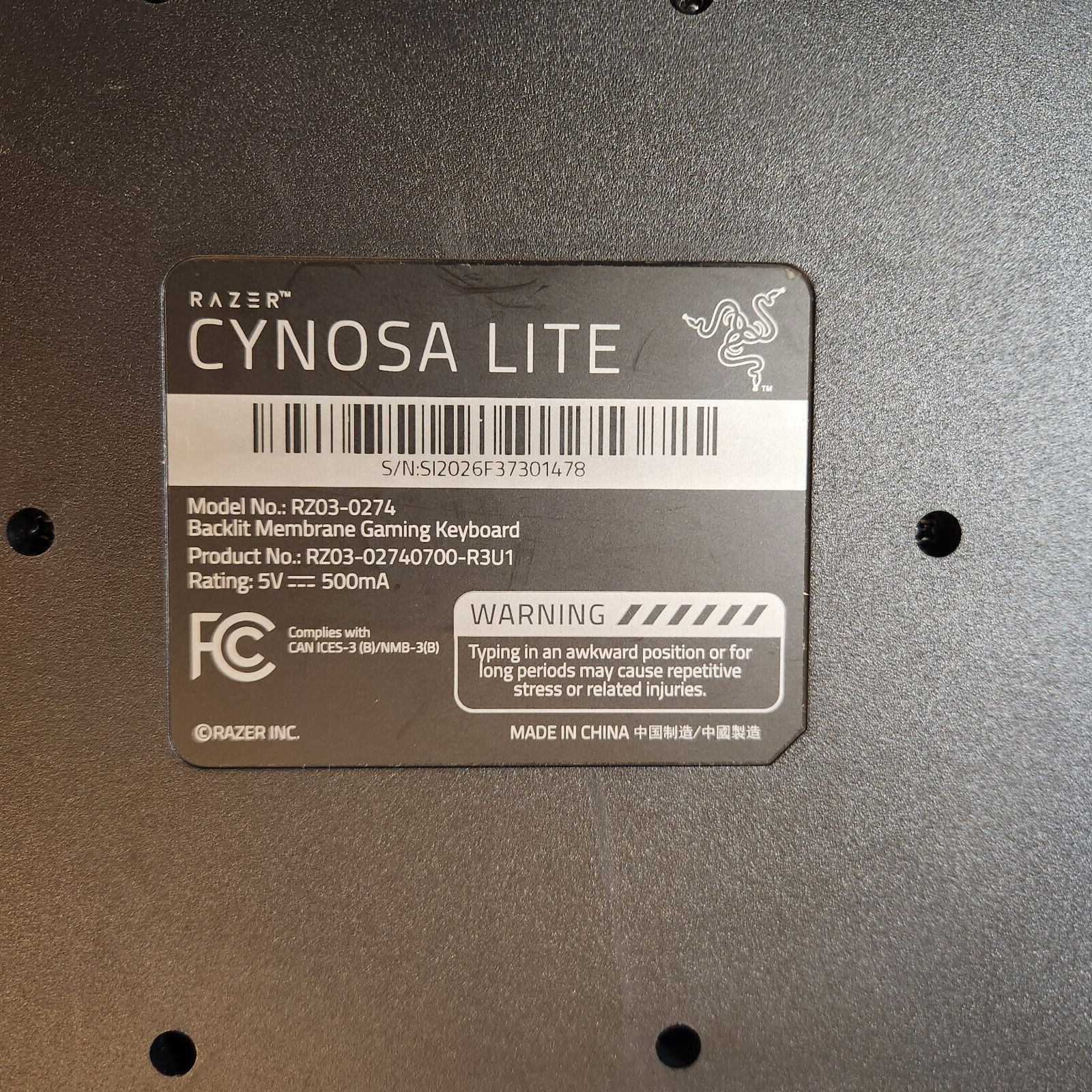 Razer Cynosa Lite Chroma RGB Backlit Membrane Wired Gaming Keyboard RZ03-0274