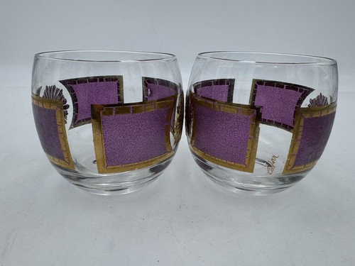 2 CULVER Purple Gold PLUM SUN CREST Signed ROCKS GLASS Glasses lowball RARE! - Picture 4 of 8