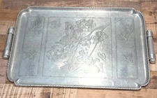 Arthur Armour Aluminum Serving Tray W/ Butterfly & Floral Etching  Vintage