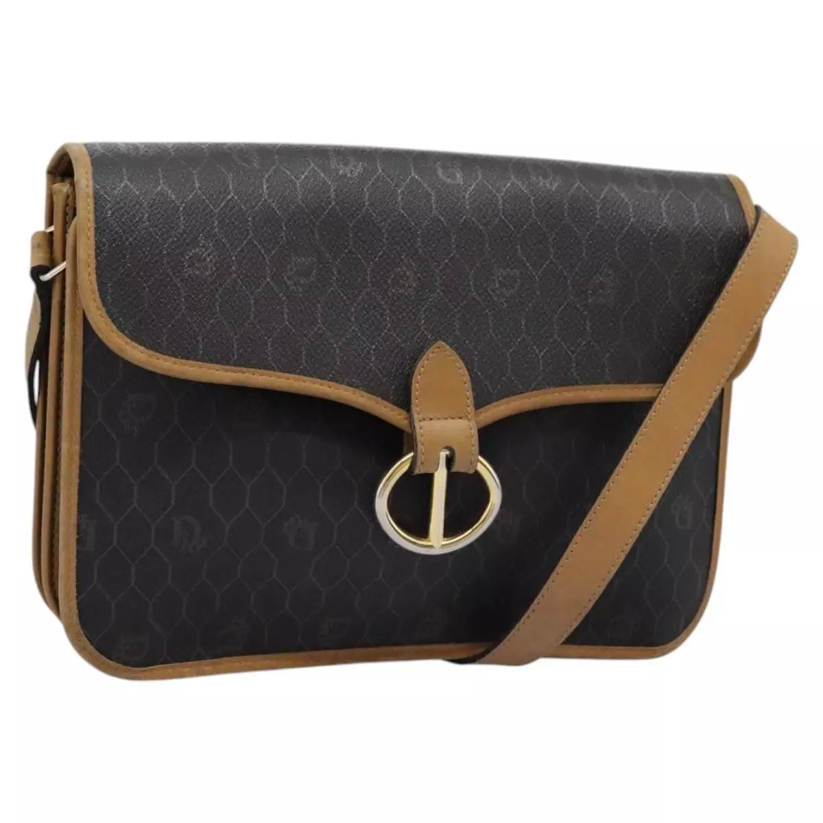 Christian Dior sac à bandoulière toile nid d'abeille PVC cuir noir or authentique MY112