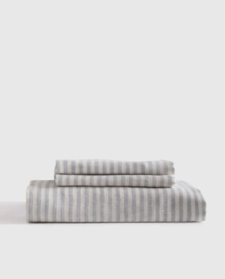 NWOT QUINCE EUROPEAN LINEN FITTED SHEETS SET 3 PIECE FULL DOUBLE MIST STRIPE
