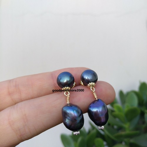 Iridescent Baroque Dangle AAA Tahaitian Black Pearl Stud Earrings 14k Gold P - Picture 4 of 7