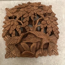 HAND CARVED WOOD High Relief 3D BIRD/TREE of LIFE SCENE WALL DECOR Balinese 7.5"