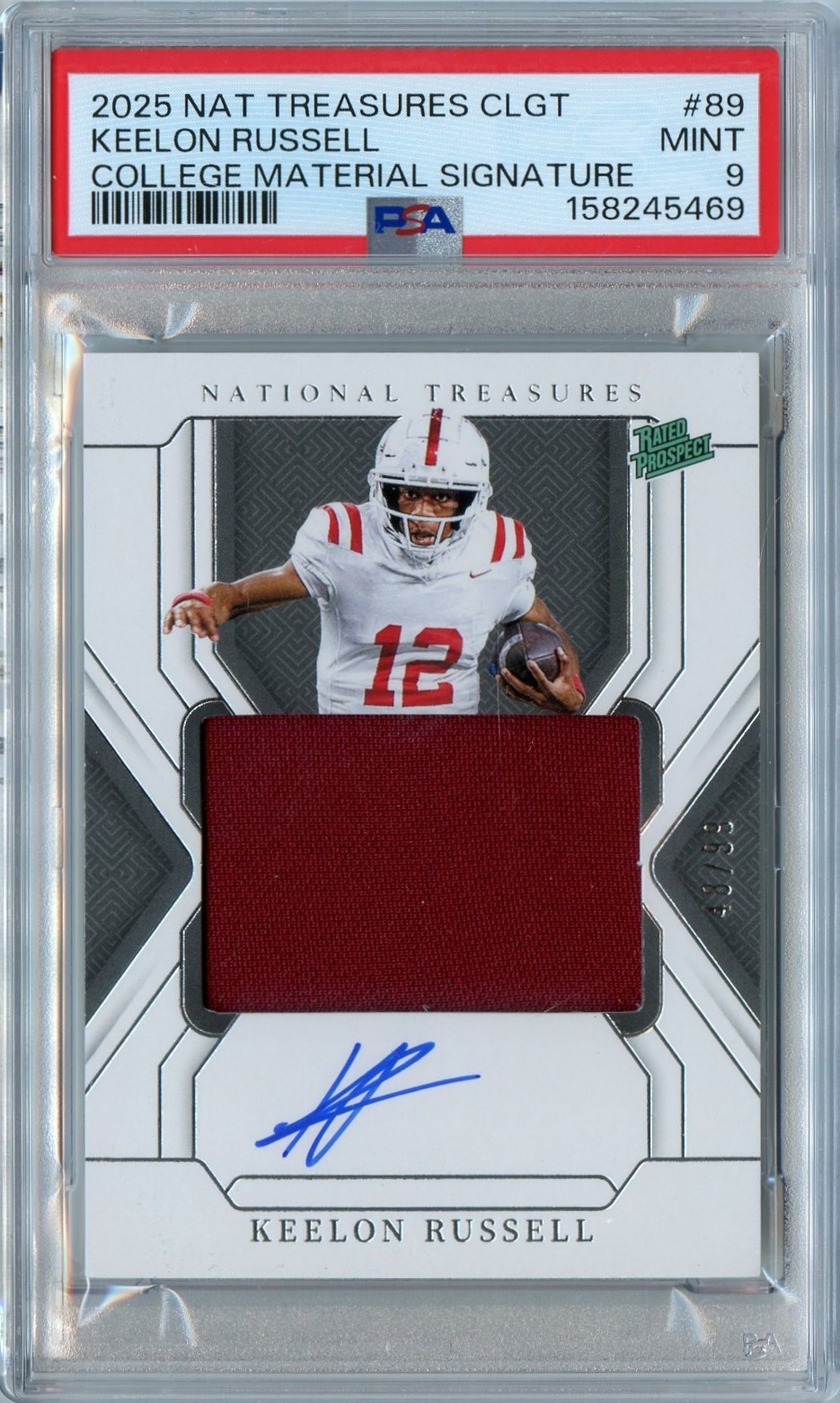 KEELON RUSSELL 2025 NATIONAL TREASURES ROOKIE PATCH AUTO #'D 48/99 PSA 9 ALABAMA