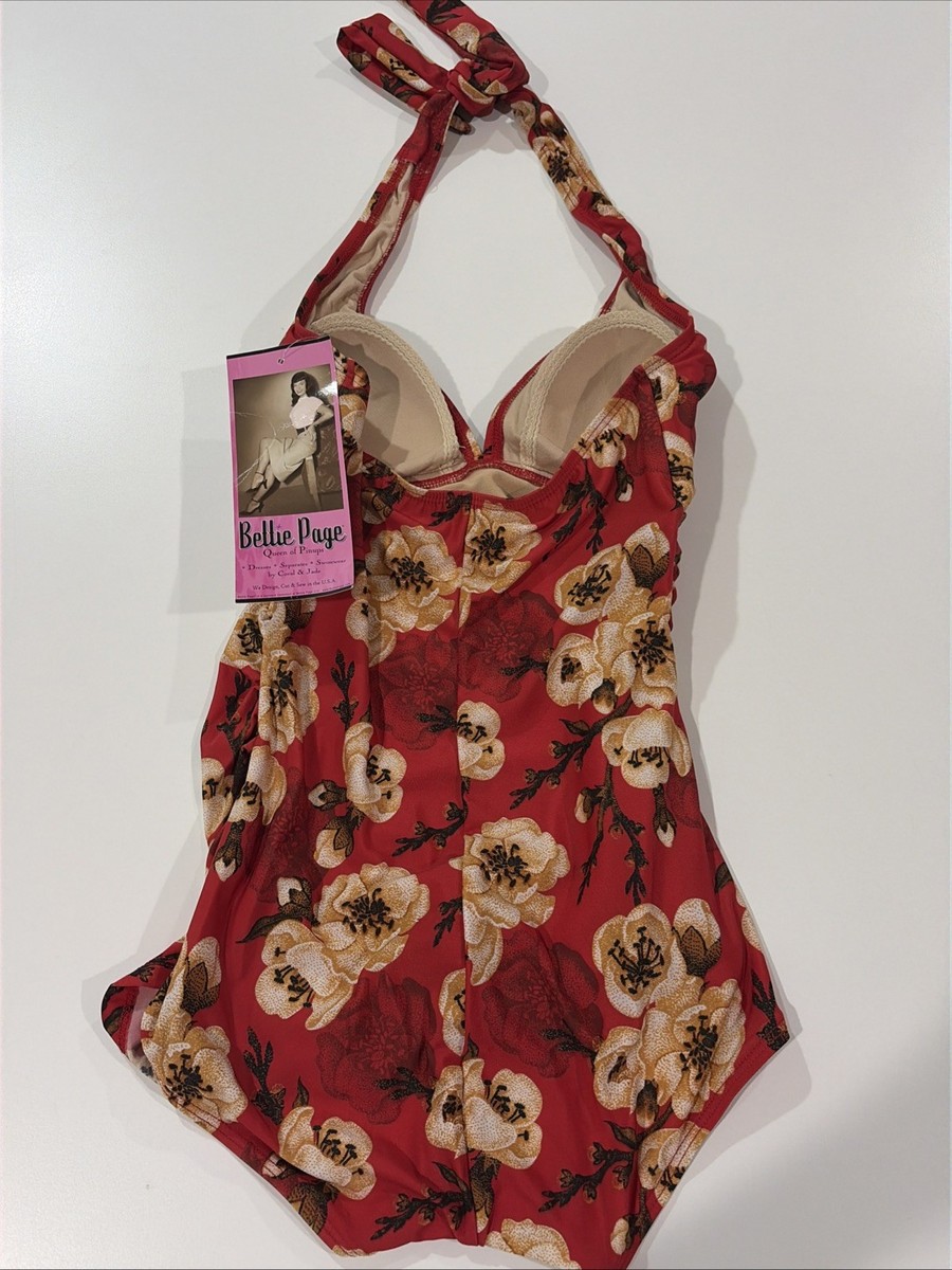 ベティページ 17000 Bettie Page NWT Red Floral Halter One Piece Swimsuit Sz 6 Retro