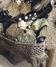 Vintage Black Velvet Kimono Large Embroidered Crane Leaves Gold Brocade Fringe