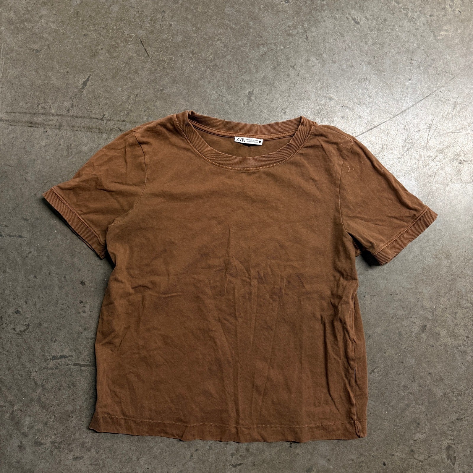 Zara Womens Brown Short Sleeve Crew Neck Ribbed Trim T-Shirt Size XL