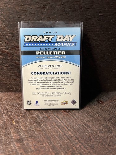 2020-21 UD SP Game Used Draft Day Marks JAKOB PELLETIER “E” #16/35. Flames - Picture 2 of 2