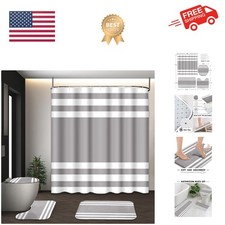 Striped Grey Shower Curtain Set with Toilet Lid Cover and Non-Slip Rugs for B...