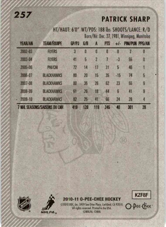 2010-11 O-Pee-Chee Patrick Sharp #257 - Image 2 of 2
