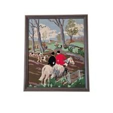 Vintage Framed Needlepoint Fox Hunt Equestrian Scene Wall Art Tapestry Decor