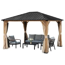 Aoodor 12FT x 10FT Hardtop Gazebo Wooden Finish Coated Aluminum Frame w/Curtains