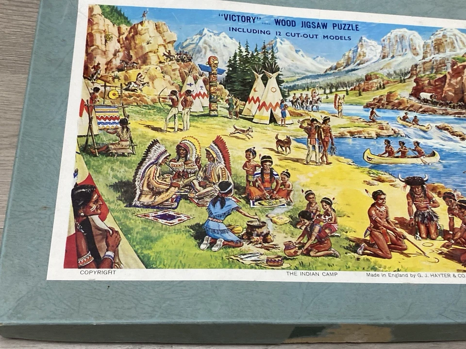 VICTORY WOODEN JIGSAW PUZZLE w/ CUT OUT SHAPES “THE INDIAN CAMP” ORIGINAL BOX - Image 4 of 4