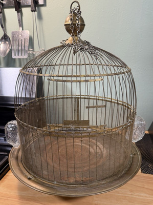 Antique 1920s Hendryx Brass Bird Cage with Stand & Glass Seed Cups   Made in USA
