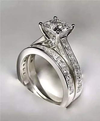 2.50Ct Princess Cut Moissanite  Engagement Ring Set Solid 14k White Gold