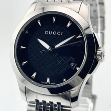 GUCCI G-Timeless Guilloche Ladies Watch Stainless Steel Silver Black Date