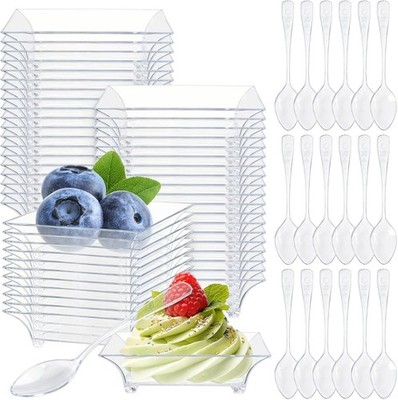 100 Sets 2.4'' Mini Dert Plates with Tasting Spoons, Clear Disposable