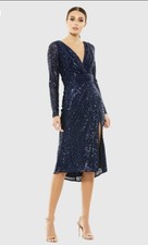 IEENA for MAC DUGGAL A26555 Sz 10 Long Sleeve Sequin Midn Blue Dress With Slit