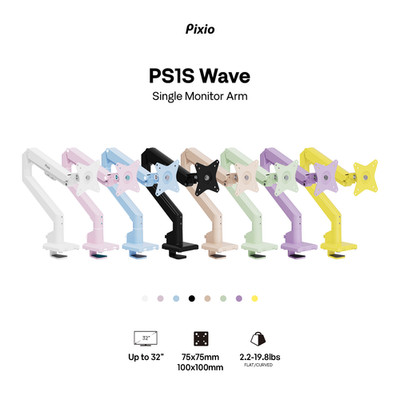 Pixio PS1S Wave 100x100mm & 75x75mm Premium Single Monitor Arm | Multiple Colors