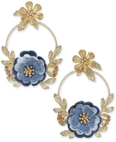 $98 Kate Spade Flower Child Door Knocker Hoop Earrings Gold/Denim Blue D66