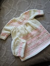 Vtg Soft White  Pink Baby Toddler Dress knit sweater dress Bonnet Hat Sz 2 
