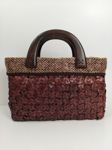 Handbag Brown Woven Wooden Handles Basket Style Bag Boho Rare Vintage Purse - Picture 1 of 11