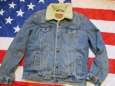 LEVI LEVIS Premium Trucker Sherpa JACKE MANTEL blau Denim RED TAB Big E LARGE L 
