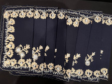 New Dark Blue Round 73" Tablecloth with Gold/Silver Filigree 8 Napkins