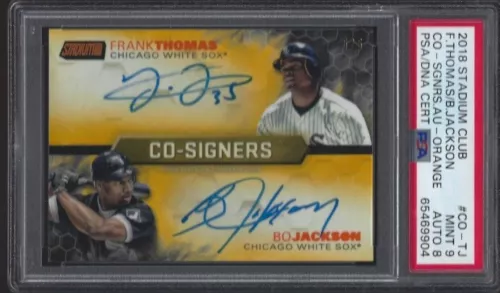 2018 STADIUM CLUB #CO-TJ F. THOMAS/BO JACKSON PSA 9 MINT/8 AUTO CO-SIGNERS #5/5